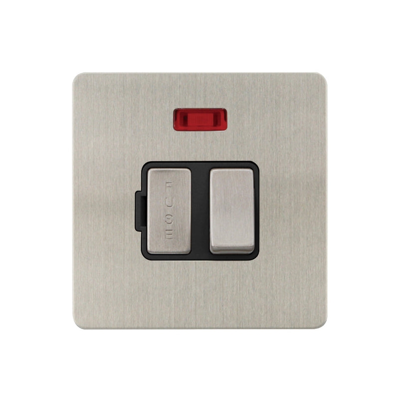 Caradok - The Ultra Flat - Brushed Chrome - FN056DME - 13A Switched Spur c/w Neon Brushed Chrome, Black Insert - Hardware > Power & Electrical Supplies > Power Outlets & Sockets > Wall Outlets Caradok - The Ultra Flat - Brushed Steel