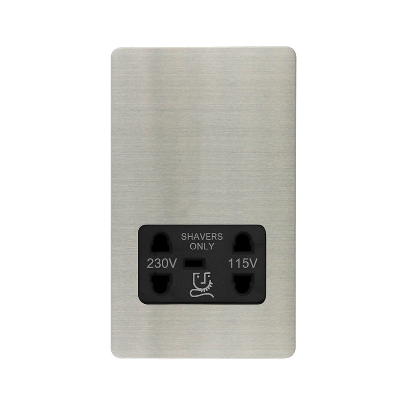 Caradok - The Ultra Flat - Brushed Chrome - FN100DME - Shaver Socket Brushed Chrome, Black Insert - Hardware > Power & Electrical Supplies > Power Outlets & Sockets > Wall Outlets Caradok - The Ultra Flat - Brushed Steel