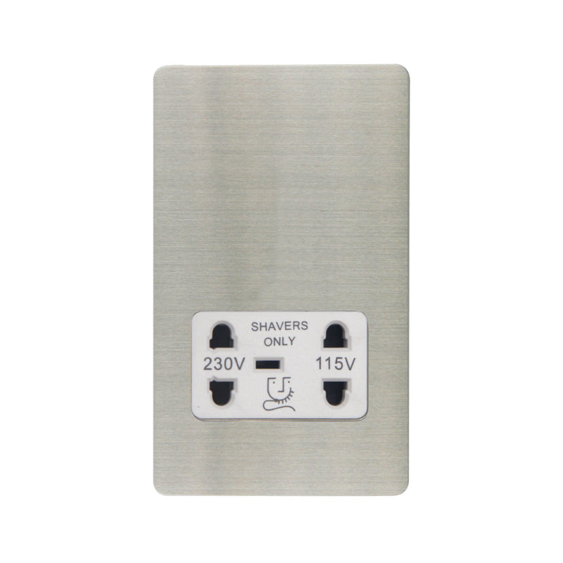 Caradok - The Ultra Flat - Brushed Chrome - FN100DMF - Shaver Socket Brushed Chrome, White Insert - Hardware > Power & Electrical Supplies > Power Outlets & Sockets > Wall Outlets Caradok - The Ultra Flat - Brushed Steel