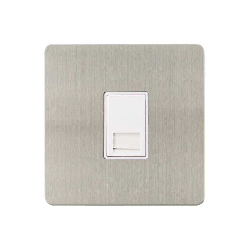 Caradok - The Ultra Flat - Brushed Chrome - FN110DMF - 1G Secondary Telephone Socket Brushed Chrome, White Insert - Hardware > Power & Electrical Supplies > Power Outlets & Sockets > Wall Outlets Caradok - The Ultra Flat - Brushed Steel