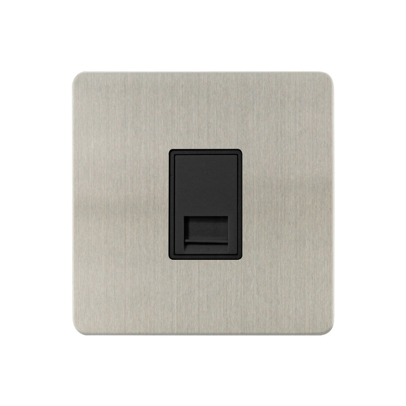 Caradok - The Ultra Flat - Brushed Chrome - FN111DME - 1G Master Telephone Socket Brushed Chrome, Black Insert - Hardware > Power & Electrical Supplies > Power Outlets & Sockets > Wall Outlets Caradok - The Ultra Flat - Brushed Steel