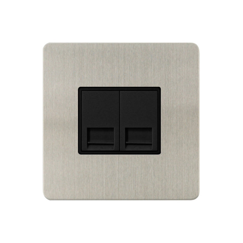 Caradok - The Ultra Flat - Brushed Chrome - FN113DME - 2G Secondary Telephone Socket Brushed Chrome, Black Insert - Hardware > Power & Electrical Supplies > Power Outlets & Sockets > Wall Outlets Caradok - The Ultra Flat - Brushed Steel