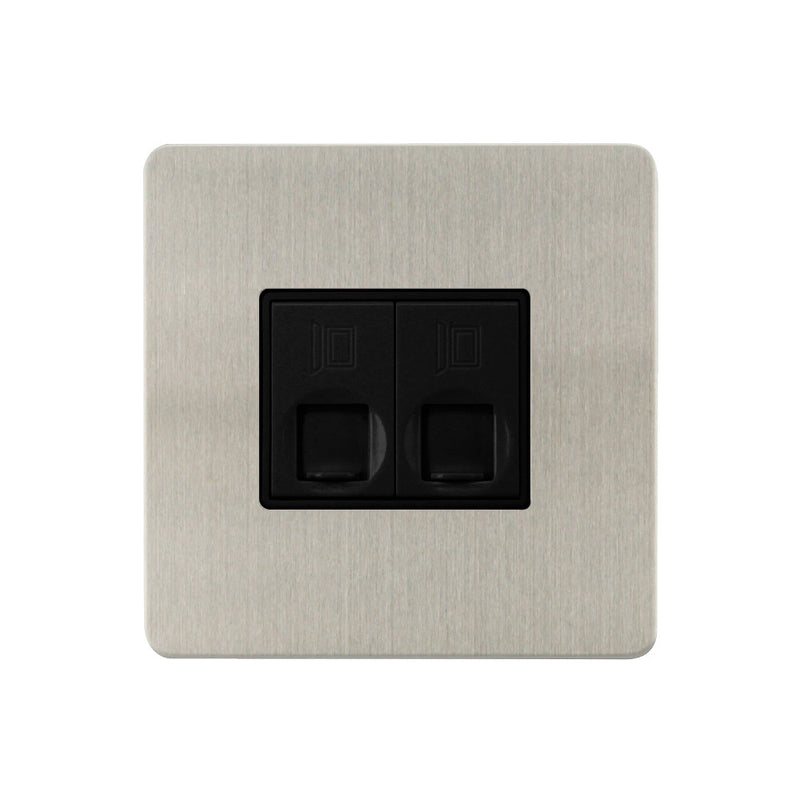 Caradok - The Ultra Flat - Brushed Chrome - FN115DME - 2G RJ45 Cat 5 Socket Brushed Chrome, Black Insert - Hardware > Power & Electrical Supplies > Power Outlets & Sockets > Wall Outlets Caradok - The Ultra Flat - Brushed Steel