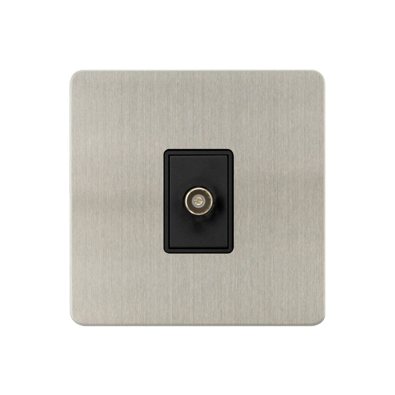 Caradok - The Ultra Flat - Brushed Chrome - FN160DME - 1G Coaxial Socket Brushed Chrome, Black Insert - Hardware > Power & Electrical Supplies > Power Outlets & Sockets > Wall Outlets Caradok - The Ultra Flat - Brushed Steel