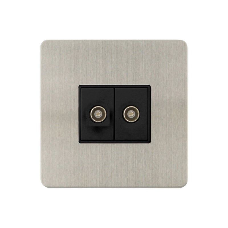 Caradok - The Ultra Flat - Brushed Chrome - FN161DME - 2G Coaxial Socket Brushed Chrome, Black Insert - Hardware > Power & Electrical Supplies > Power Outlets & Sockets > Wall Outlets Caradok - The Ultra Flat - Brushed Steel