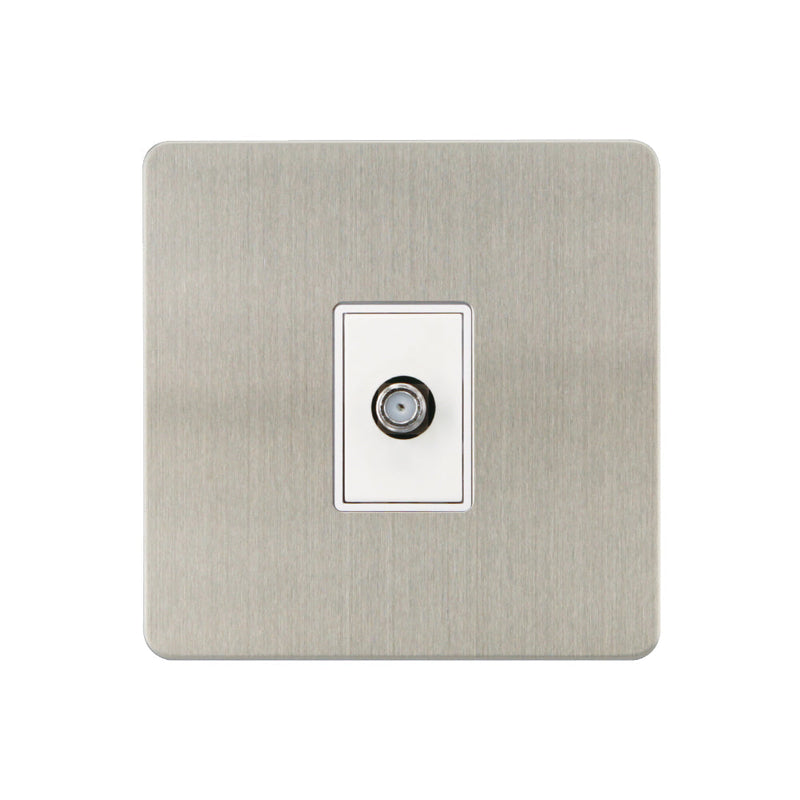 Caradok - The Ultra Flat - Brushed Chrome - FN166DMF - 1G Satellite Socket Brushed Chrome, White Insert - Hardware > Power & Electrical Supplies > Power Outlets & Sockets > Wall Outlets Caradok - The Ultra Flat - Brushed Steel