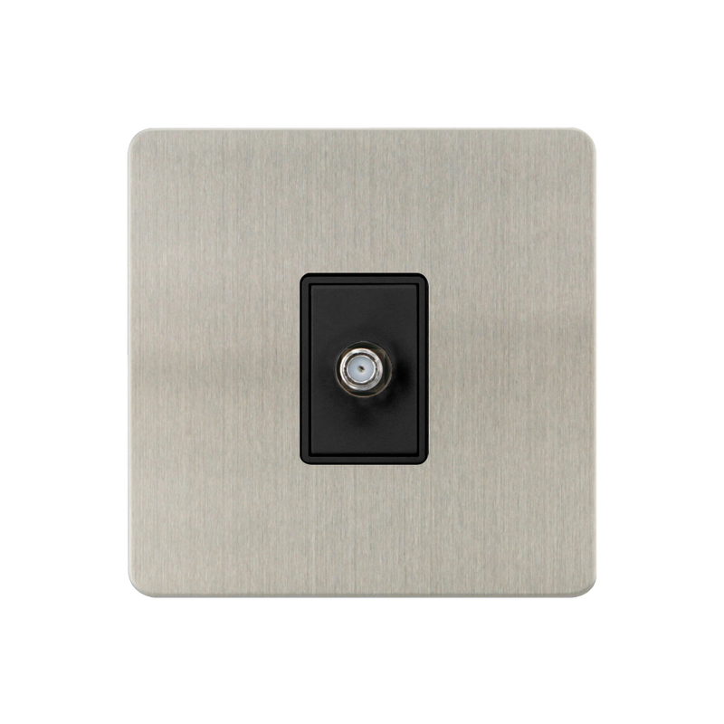 Caradok - The Ultra Flat - Brushed Chrome - FN166DME - 1G Satellite Socket Brushed Chrome, Black Insert - Hardware > Power & Electrical Supplies > Power Outlets & Sockets > Wall Outlets Caradok - The Ultra Flat - Brushed Steel