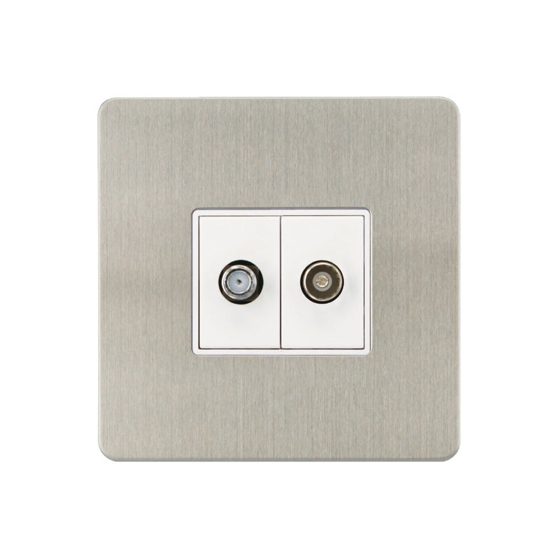 Caradok - The Ultra Flat - Brushed Chrome - FN170DMF - Satellite Socket + Coaxial Socket Brushed Chrome, White Insert - Hardware > Power & Electrical Supplies > Power Outlets & Sockets > Wall Outlets Caradok - The Ultra Flat - Brushed Steel