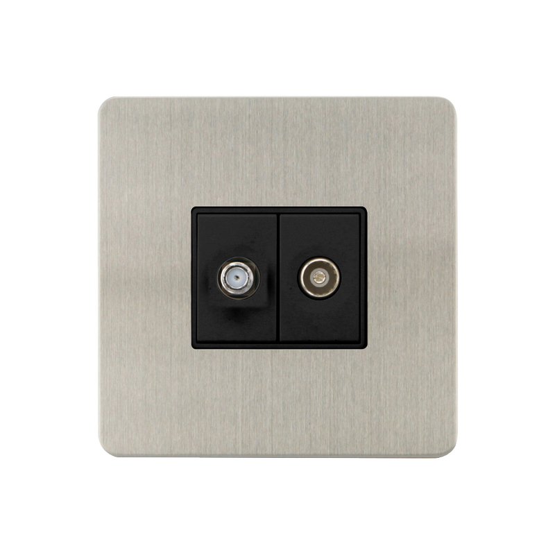 Caradok - The Ultra Flat - Brushed Chrome - FN170DME - Satellite Socket + Coaxial Socket Brushed Chrome, Black Insert - Hardware > Power & Electrical Supplies > Power Outlets & Sockets > Wall Outlets Caradok - The Ultra Flat - Brushed Steel