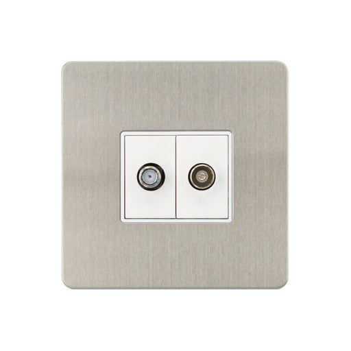 Caradok - The Ultra Flat - Brushed Chrome - FN170DMF - Satellite Socket + Coaxial Socket Brushed Chrome, White Insert - Hardware > Power & Electrical Supplies > Power Outlets & Sockets > Wall Outlets Caradok - The Ultra Flat - Brushed Steel