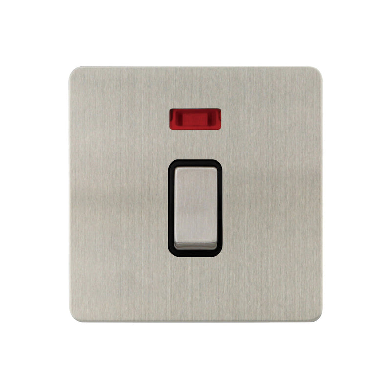 Caradok - The Ultra Flat - Brushed Chrome - FN201DME - 20A DP Switch c/w Neon Brushed Chrome, Black Insert - Hardware > Power & Electrical Supplies > Power Outlets & Sockets > Wall Outlets Caradok - The Ultra Flat - Brushed Steel