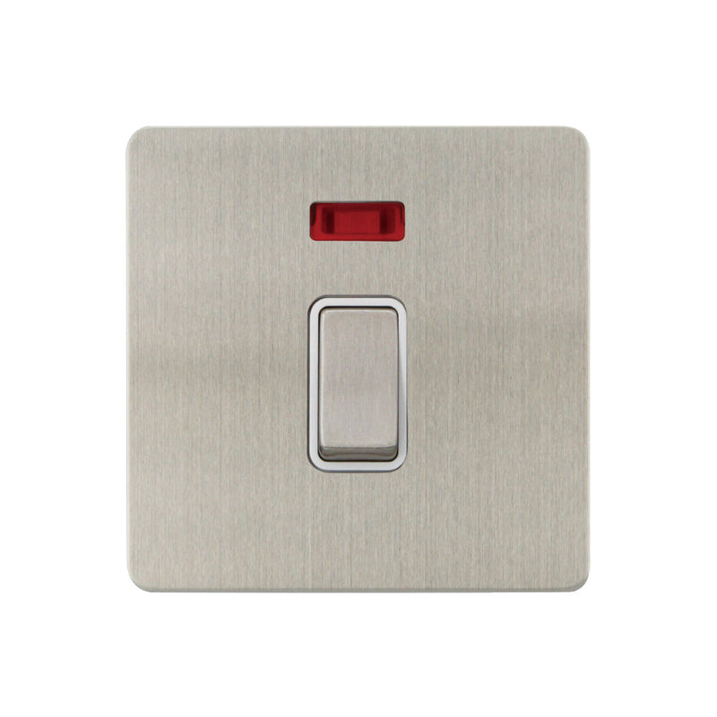 Caradok - The Ultra Flat - Brushed Chrome - FN201DMF - 20A DP Switch c/w Neon Brushed Chrome, White Insert - Hardware > Power & Electrical Supplies > Power Outlets & Sockets > Wall Outlets Caradok - The Ultra Flat - Brushed Steel
