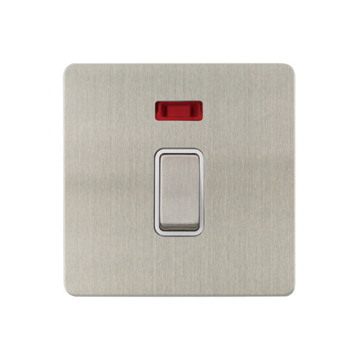 Caradok - The Ultra Flat - Brushed Chrome - FN201DMF - 20A DP Switch c/w Neon Brushed Chrome, White Insert - Hardware > Power & Electrical Supplies > Power Outlets & Sockets > Wall Outlets Caradok - The Ultra Flat - Brushed Steel