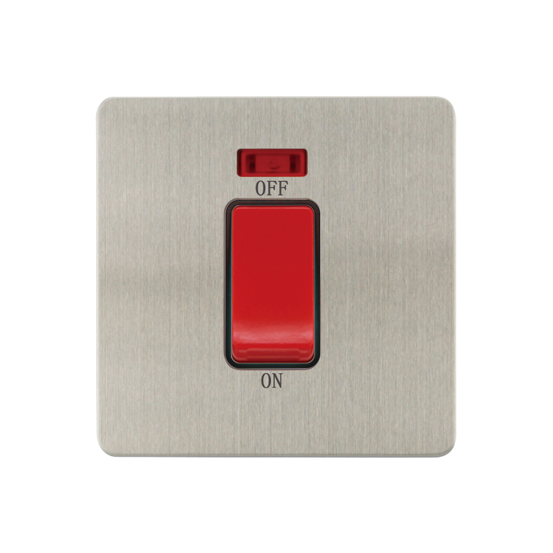 Caradok - The Ultra Flat - Brushed Chrome - FN203DME - 1G 45A DP Switch c/w Neon Brushed Chrome, Black Insert - Hardware > Power & Electrical Supplies > Power Outlets & Sockets > Wall Outlets Caradok - The Ultra Flat - Brushed Steel