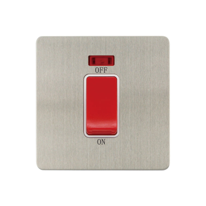 Caradok - The Ultra Flat - Brushed Chrome - FN203DMF - 1G 45A DP Switch c/w Neon Brushed Chrome, White Insert - Hardware > Power & Electrical Supplies > Power Outlets & Sockets > Wall Outlets Caradok - The Ultra Flat - Brushed Steel