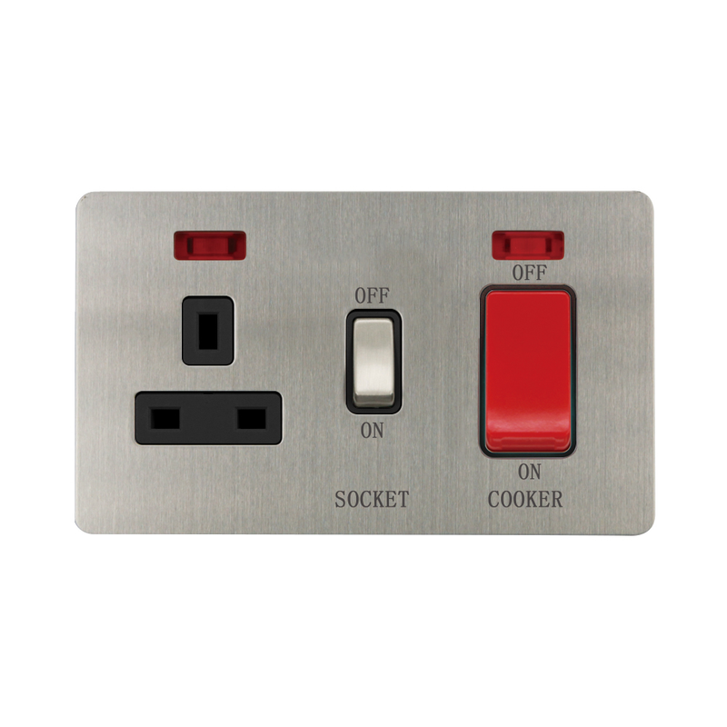 Caradok - The Ultra Flat - Brushed Chrome - FN207DME - 45A Cooker Control Unit c/w Neon Brushed Chrome, Black Insert - Hardware > Power & Electrical Supplies > Power Outlets & Sockets > Wall Outlets Caradok - The Ultra Flat - Brushed Steel