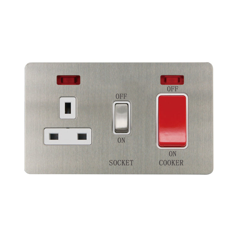 Caradok - The Ultra Flat - Brushed Chrome - FN207DMF - 45A Cooker Control Unit c/w Neon Brushed Chrome, White Insert - Hardware > Power & Electrical Supplies > Power Outlets & Sockets > Wall Outlets Caradok - The Ultra Flat - Brushed Steel