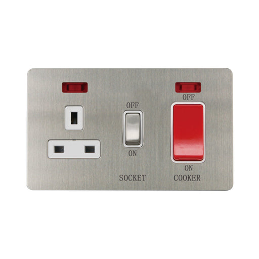 Caradok - The Ultra Flat - Brushed Chrome - FN207DMF - 45A Cooker Control Unit c/w Neon Brushed Chrome, White Insert - Hardware > Power & Electrical Supplies > Power Outlets & Sockets > Wall Outlets Caradok - The Ultra Flat - Brushed Steel