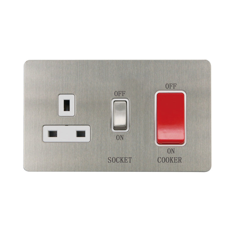 Caradok - The Ultra Flat - Brushed Chrome - FN208DMF - 45A Cooker Control Unit Brushed Chrome, White Insert - Hardware > Power & Electrical Supplies > Power Outlets & Sockets > Wall Outlets Caradok - The Ultra Flat - Brushed Steel