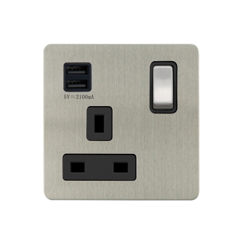 Caradok - The Ultra Flat - Brushed Chrome - FN265DME - 1G 13A SP Switched Socket + 2 USB Outlets, 2.1A Total Output BC/BK - Hardware > Power & Electrical Supplies > Power Outlets & Sockets > Wall Outlets Caradok - The Ultra Flat - Brushed Steel