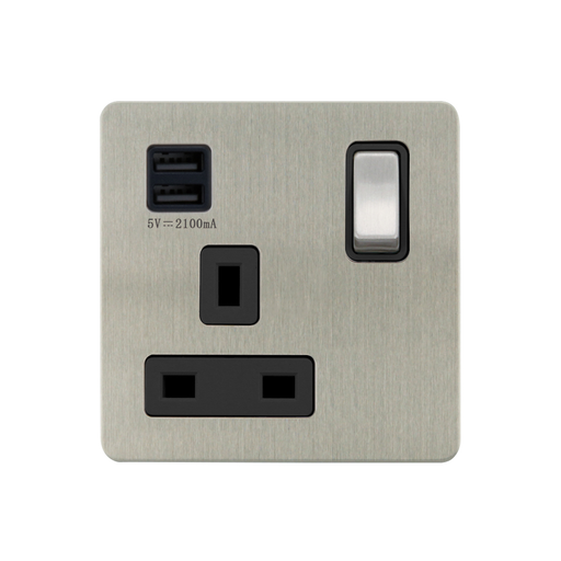 Caradok - The Ultra Flat - Brushed Chrome - FN265DME - 1G 13A SP Switched Socket + 2 USB Outlets, 2.1A Total Output BC/BK - Hardware > Power & Electrical Supplies > Power Outlets & Sockets > Wall Outlets Caradok - The Ultra Flat - Brushed Steel