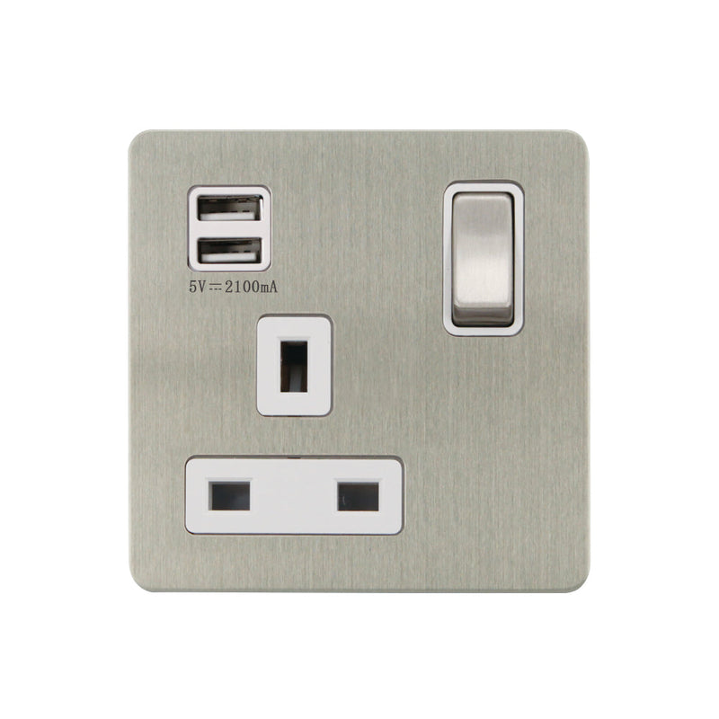 Caradok - The Ultra Flat - Brushed Chrome - FN265DMF - 1G 13A SP Sw Socket + 2 USB Outlets, 2.1A Total Output BC/WH - Hardware > Power & Electrical Supplies > Power Outlets & Sockets > Wall Outlets Caradok - The Ultra Flat - Brushed Steel