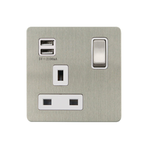 Caradok - The Ultra Flat - Brushed Chrome - FN265DMF - 1G 13A SP Sw Socket + 2 USB Outlets, 2.1A Total Output BC/WH - Hardware > Power & Electrical Supplies > Power Outlets & Sockets > Wall Outlets Caradok - The Ultra Flat - Brushed Steel