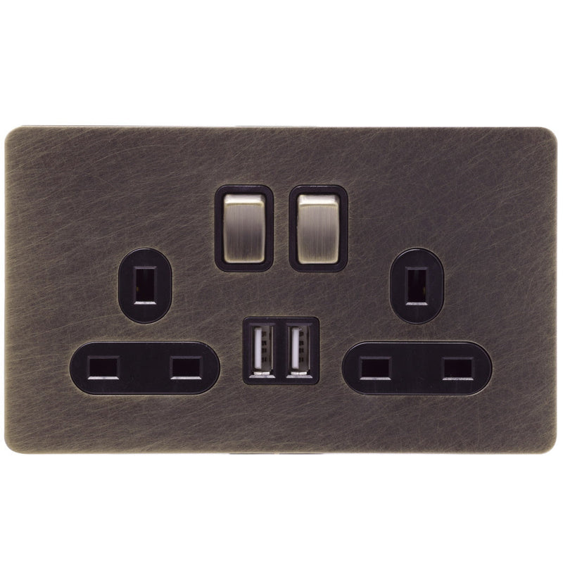 Caradok Screwless Antique Brass Socket - 2 Gang with Dual USB Charging Ports - The Georgian - Caradok - Georgian - Antique Brass