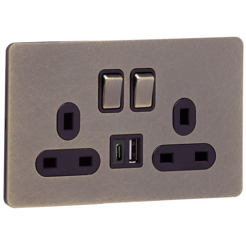 Caradok Screwless Antique Brass Socket - 2 Gang with USBC and USBA Sockets - The Georgian - Caradok - Georgian - Antique Brass