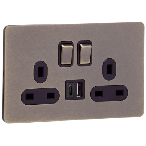 Caradok Screwless Antique Brass Socket - 2 Gang with USBC and USBA Sockets - The Georgian - Caradok - Georgian - Antique Brass