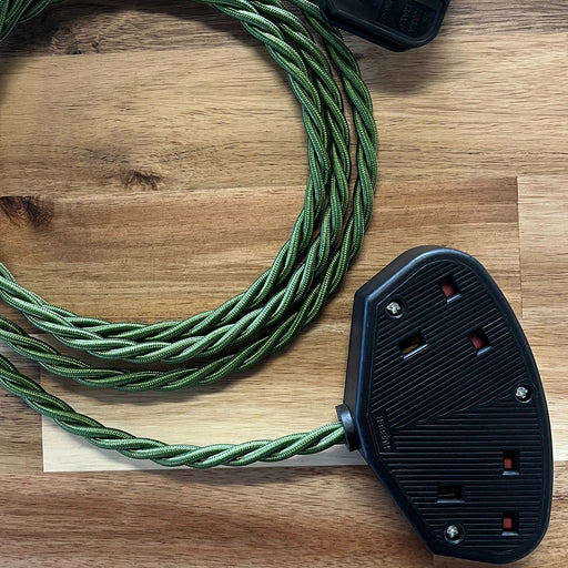 Green Braided Fabric Decorative Extension Lead - 2 Gang Black Trailing Socket - Extension Leads