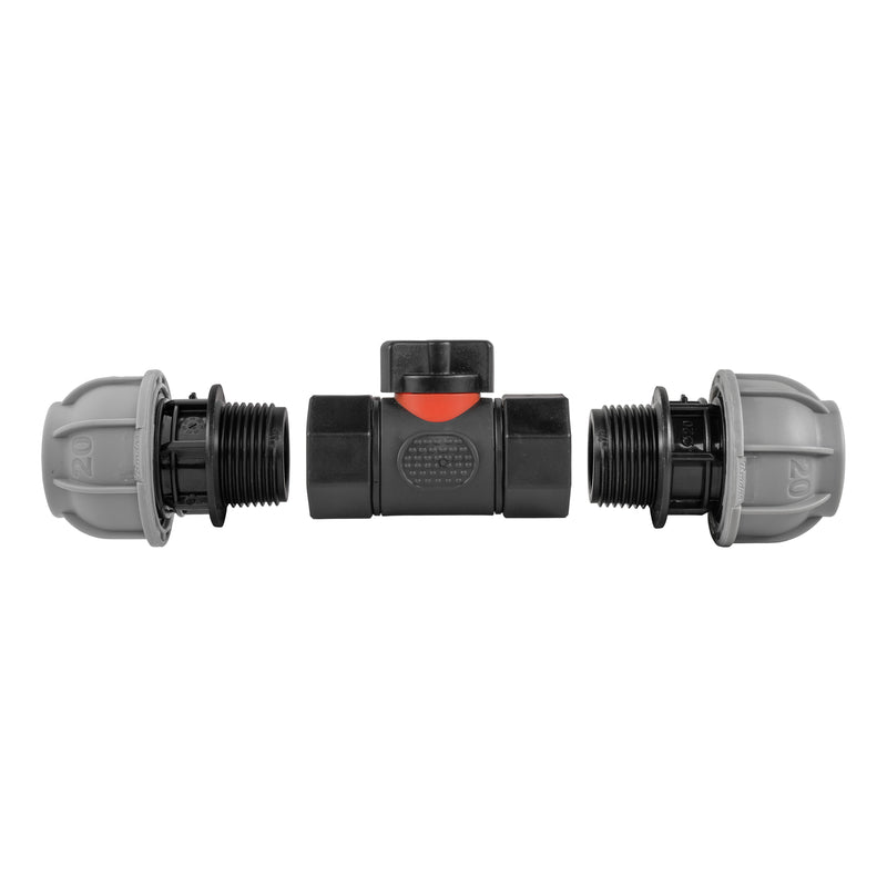 In-Line BSPF Valve with 2 x 20mm MDPE Straight Connectors - Home & Garden > Lawn & Garden > Watering & Irrigation > Garden Hose Fittings & Valves > Garden Hose Fittings Garden watering