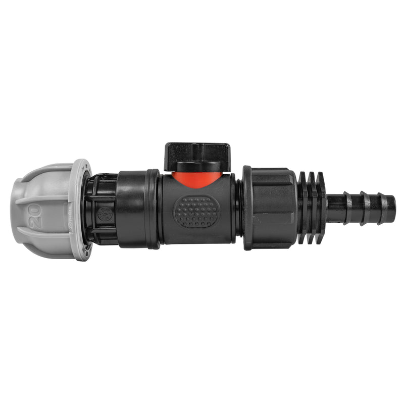 20mm MDPE Straight with In-Line BSPM Valve and 16mm Barbed Straight - Home & Garden > Lawn & Garden > Watering & Irrigation > Garden Hose Fittings & Valves > Garden Hose Fittings Garden watering