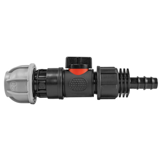 20mm MDPE Straight with In-Line BSPM Valve and 16mm Barbed Straight - Home & Garden > Lawn & Garden > Watering & Irrigation > Garden Hose Fittings & Valves > Garden Hose Fittings Garden watering
