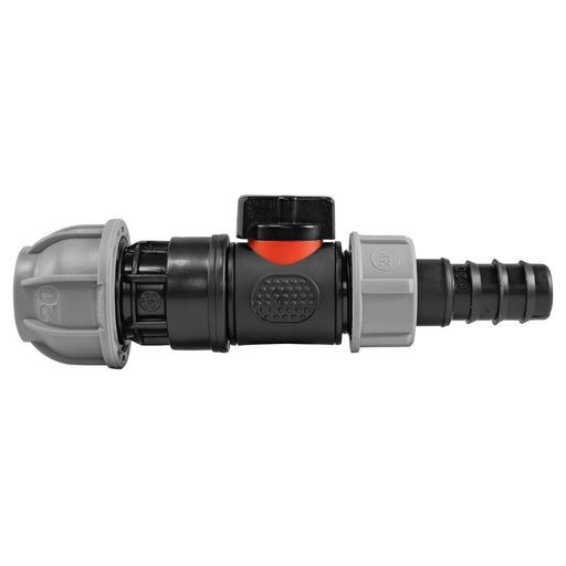 20mm MDPE Straight with In-Line BSPM Valve and 20mm Barbed Straight - Home & Garden > Lawn & Garden > Watering & Irrigation > Garden Hose Fittings & Valves > Garden Hose Fittings Garden watering