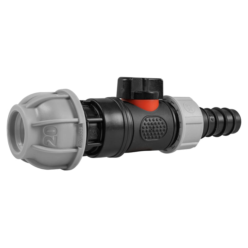 20mm MDPE Straight with In-Line BSPM Valve and 20mm Barbed Straight - Home & Garden > Lawn & Garden > Watering & Irrigation > Garden Hose Fittings & Valves > Garden Hose Fittings Garden watering