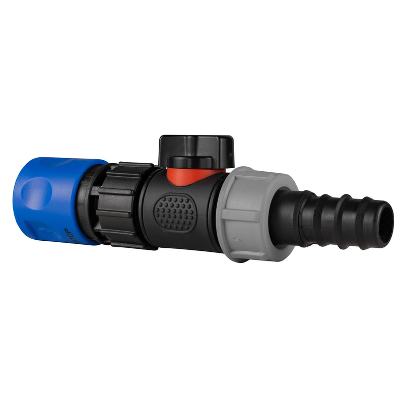 Hose Connector Blue with In-Line BSPM Valve and 20mm Barbed Straight - Home & Garden > Lawn & Garden > Watering & Irrigation Garden watering