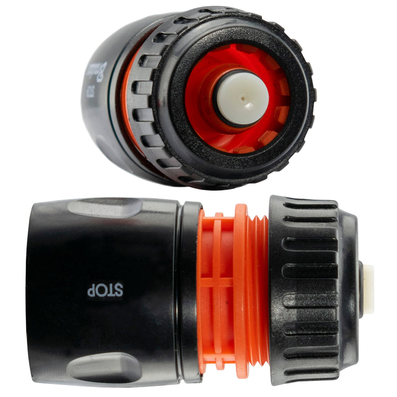 Female Hose Connector With Stop, 1/2" or 5/8" Hose, Black/Orange - Home & Garden > Lawn & Garden Garden watering