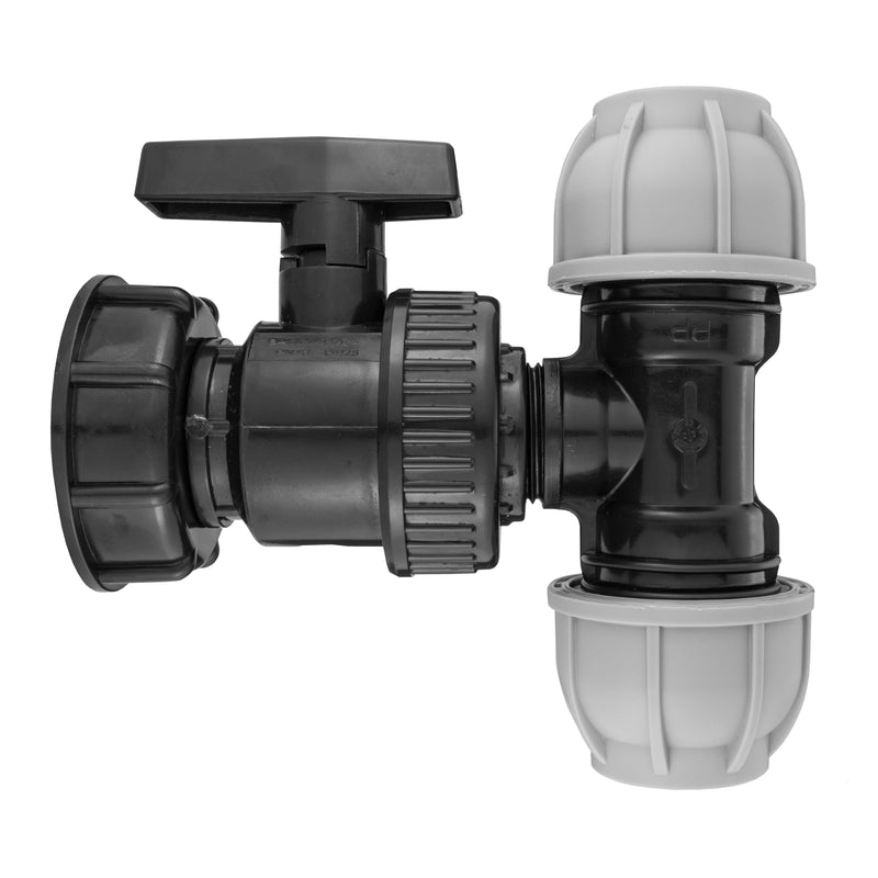 IBC 2” S60X6 Cap with Large Plastic Valve and MDPE Tee 20mm - Hardware > Plumbing > Plumbing Fittings & Supports > Pipe Caps & Plugs
