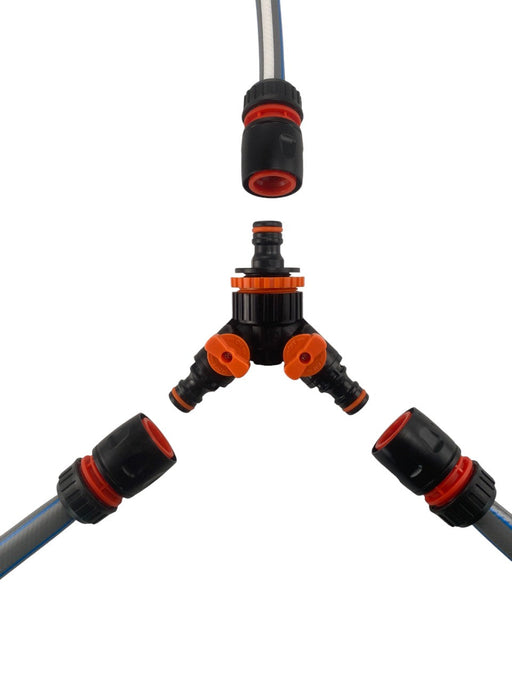 3 Way Connector Set with Valve Black/Orange - Garden watering