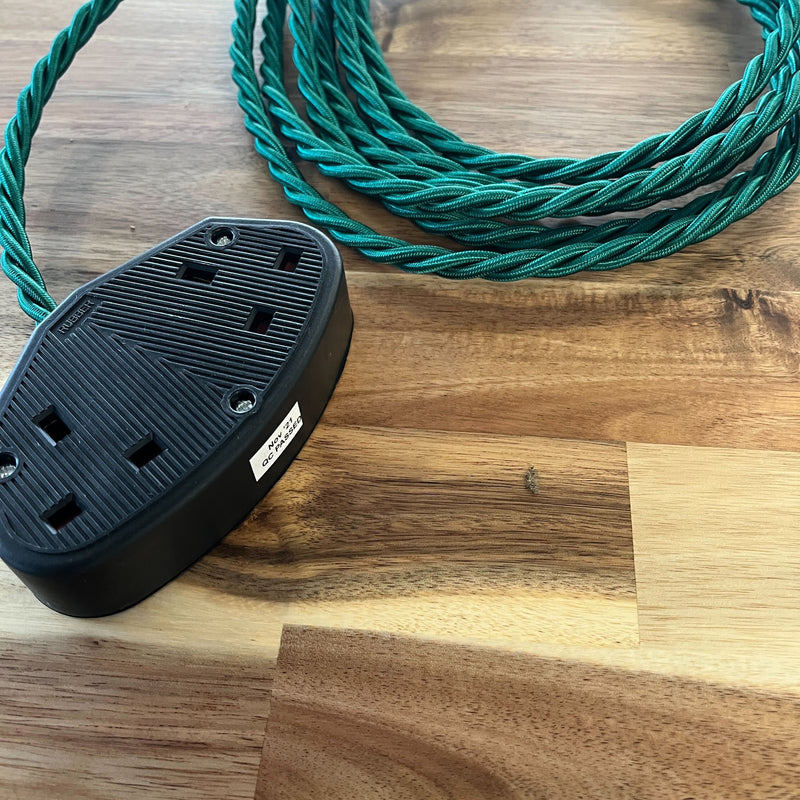 Green Braided Fabric Decorative Extension Lead - 2 Gang Black Trailing Socket - Extension Leads