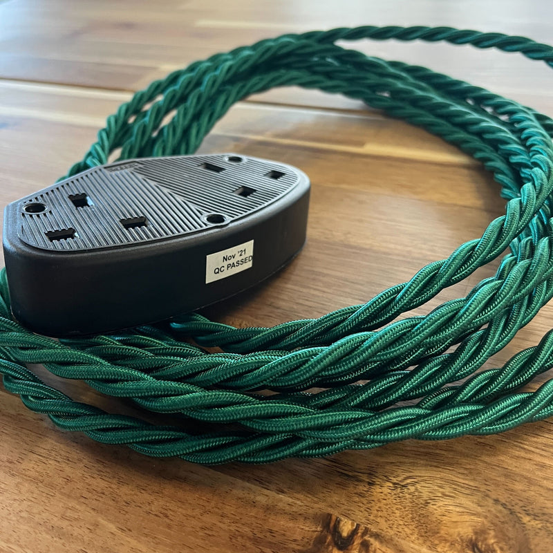 Green Braided Fabric Decorative Extension Lead - 2 Gang Black Trailing Socket - Extension Leads