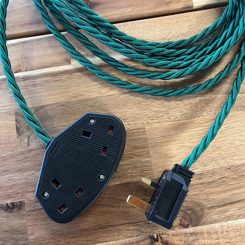Green Braided Fabric Decorative Extension Lead - 2 Gang Black Trailing Socket - Extension Leads