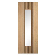 Wooden door with a rectangular glass panel on a white background