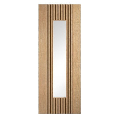 Wooden door with a rectangular glass panel on a white background