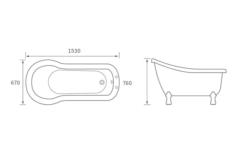 Lucretia Freestanding 1530x670x760mm 2TH Bath w/Feet -