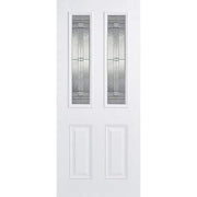 White exterior door with glass panels on a white background
