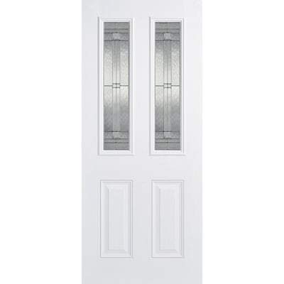 White exterior door with glass panels on a white background