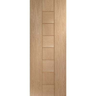 Wooden door with a horizontal slat design on a white background