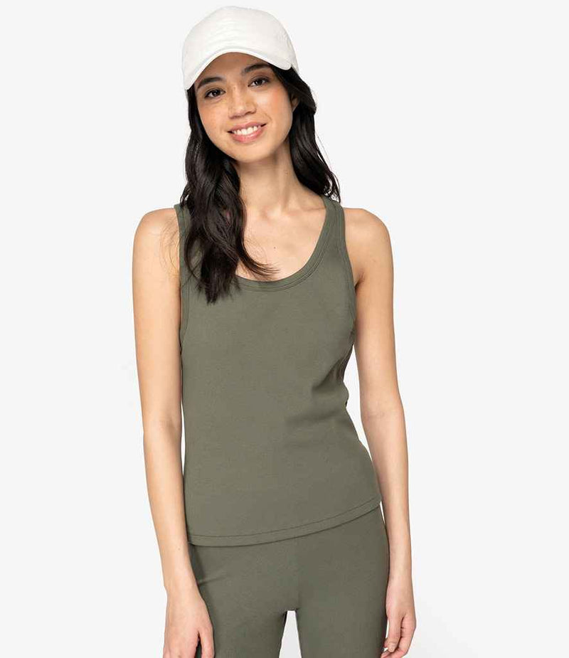Organic Cotton Womens Ribbed Work Tank Top Sizes XS to XL Black Khaki - Sustainable Workwear Range